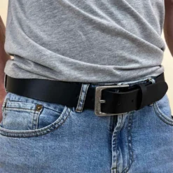 Bente Bælte Læderbælte Bredt Mænd Kvinder Sølvfarvet Spænde Sort Læder